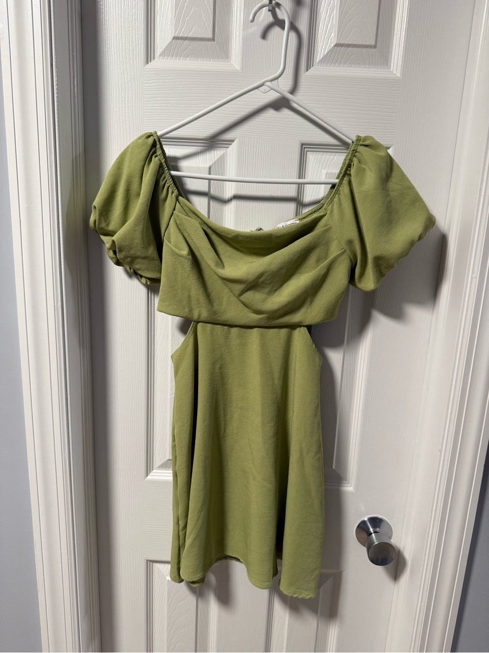 Olive Green Puff sleeves, Side Cutouts Women's Dress
